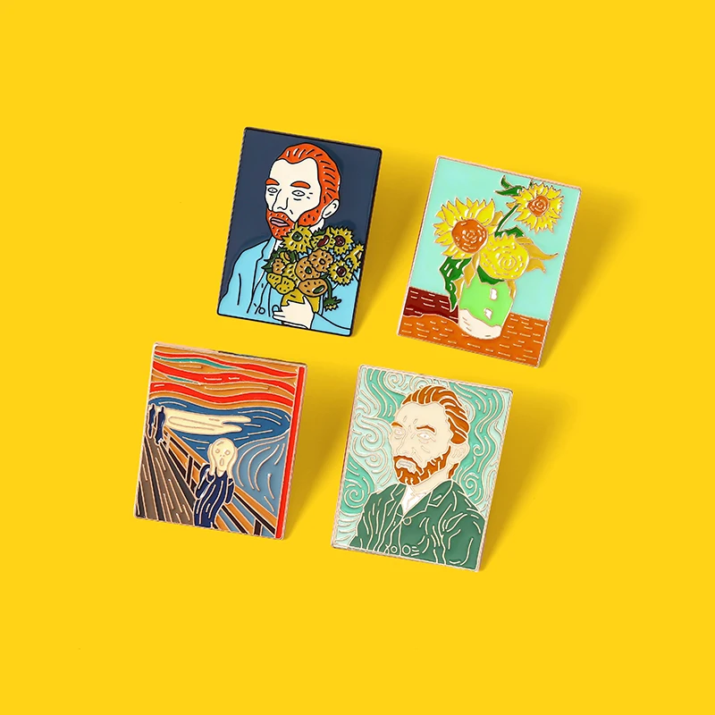Broche de esmalte de pintura al óleo de fama mundial, Pin de solapa, insignia Punk, joyería, girasol de Van Gogh Edward Munch, 4 estilos