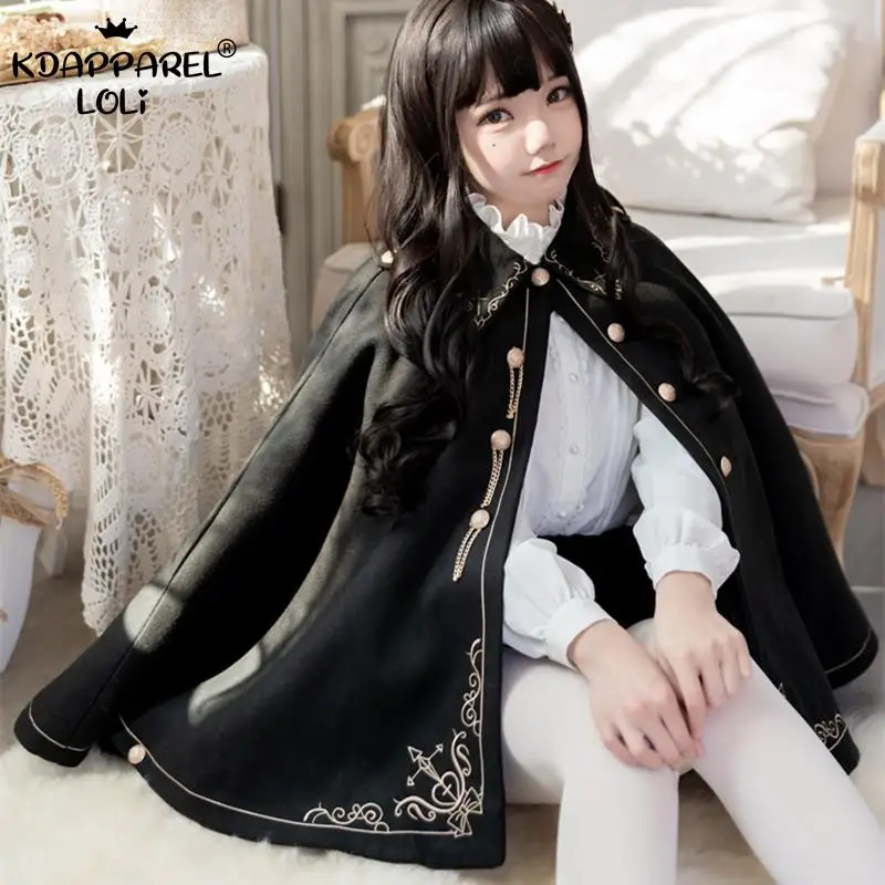 Women Winter Woolen Cloak Black Cape Preppy Style Golden Embroidery Princess Gothic Magic School Students Teens Coat Autumn New