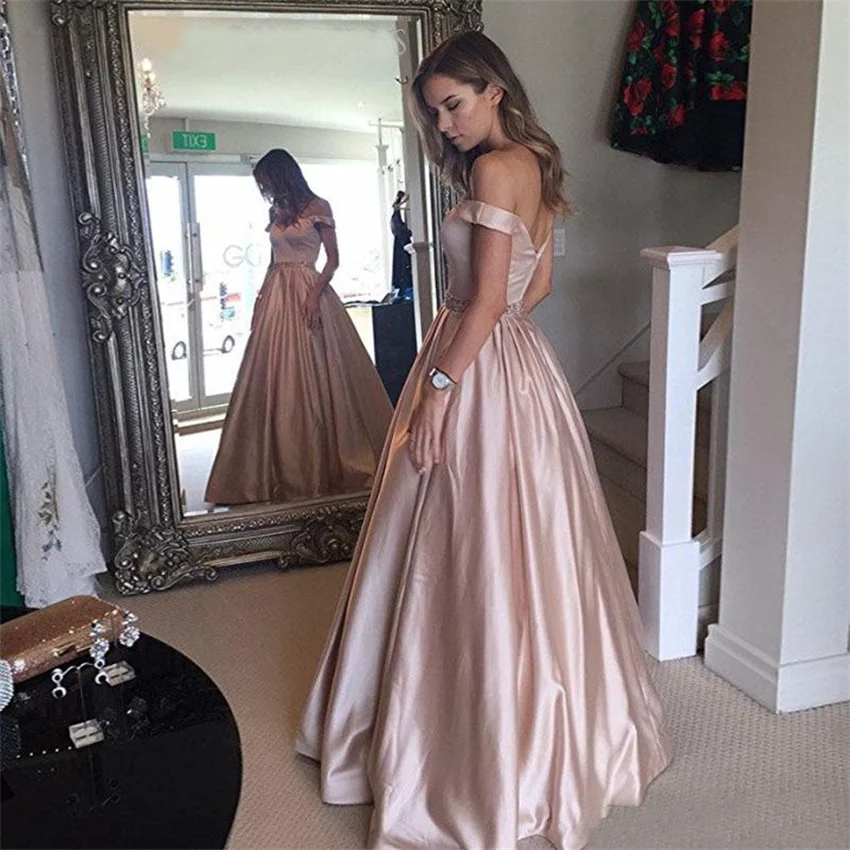 2020 New arrival Sweetheart Off Shoulder Satin Long Evening Dresses Formal Evening Gowns Elegant Crystal Backless Party Dress