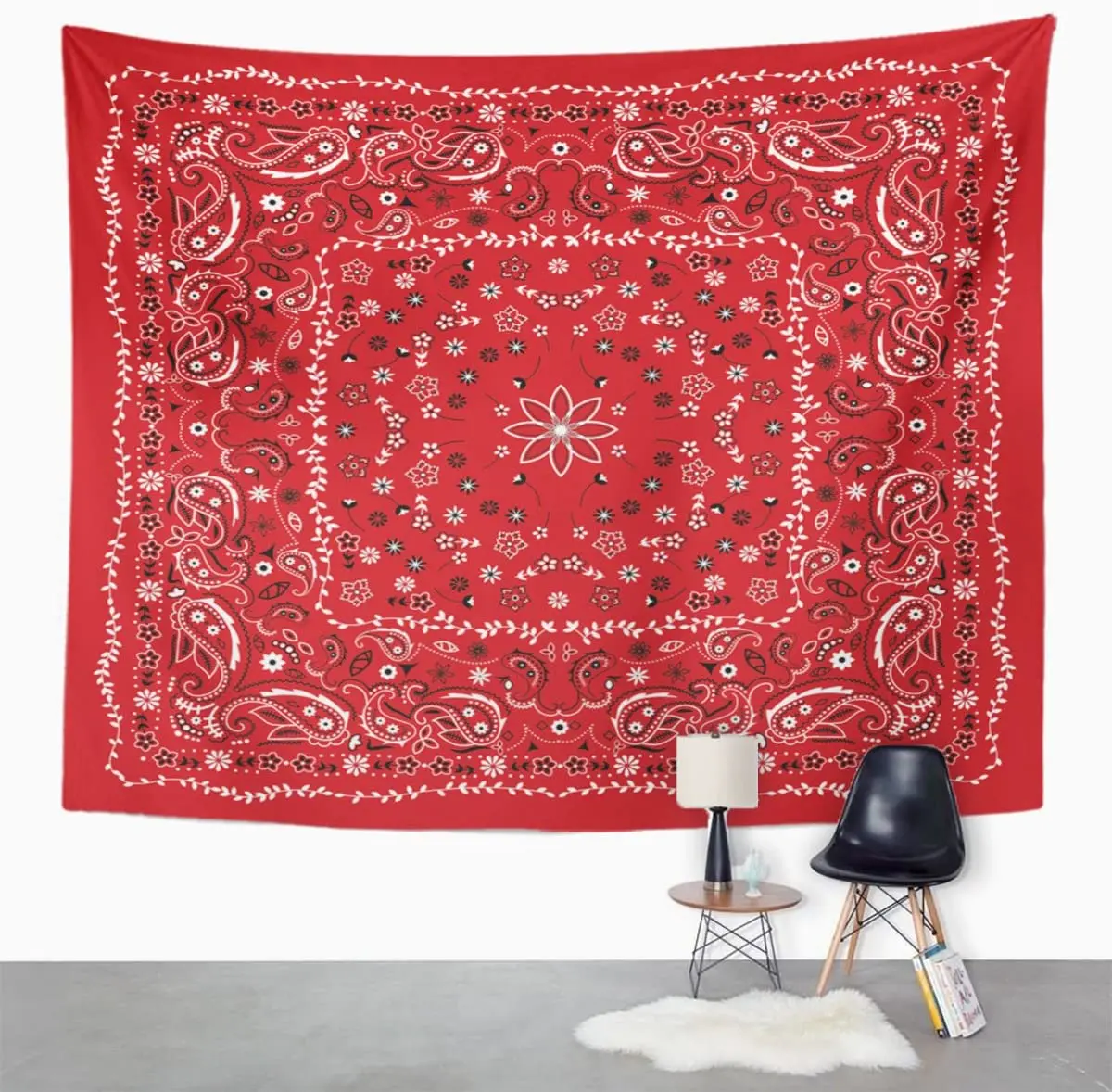 Black Scarf Red Paisley Bandana Colorful Border Floral Tapestry Wall Hanging for Living Room Bedroom Dorm 60x80 Inches