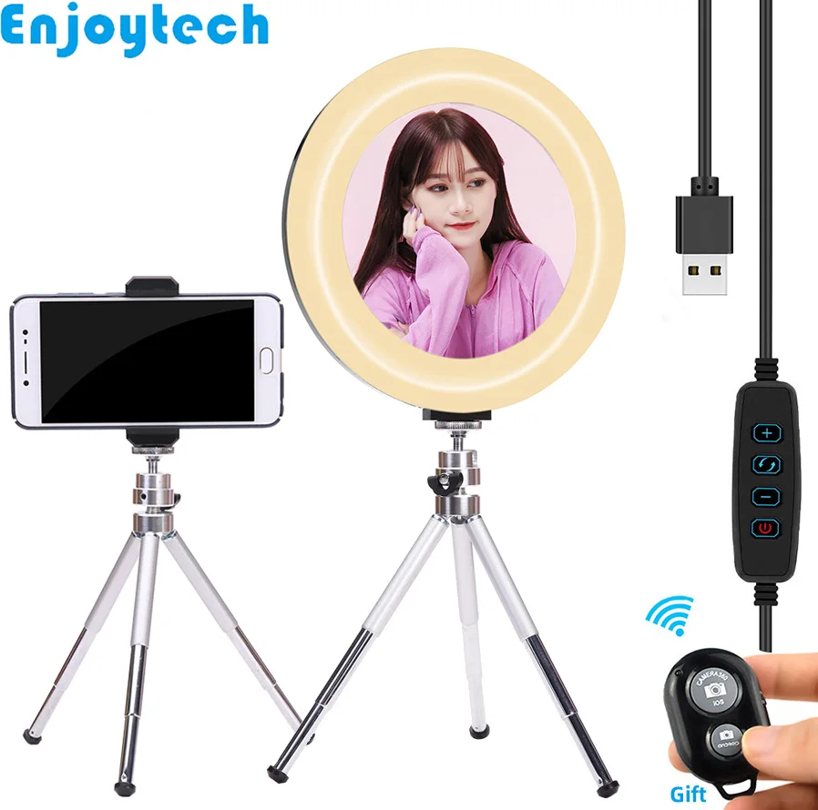 New Metal Mini Tripod with LED Ring Flash Selfie Lamp Light Mirror for Make-up Mount Holder for Mobile Phones Live Video Blogger