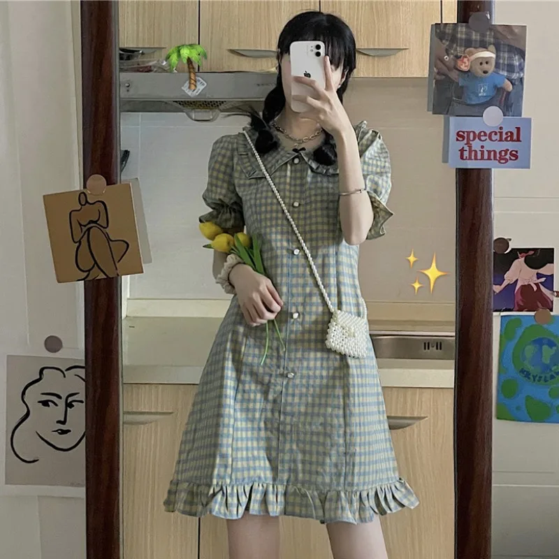 Japanese Style Fresh 2021 Summer New Style Wooden Ear Doll Collar Slim-Fit Puff Sleeve Plaid Dress for Women  kawaii dress