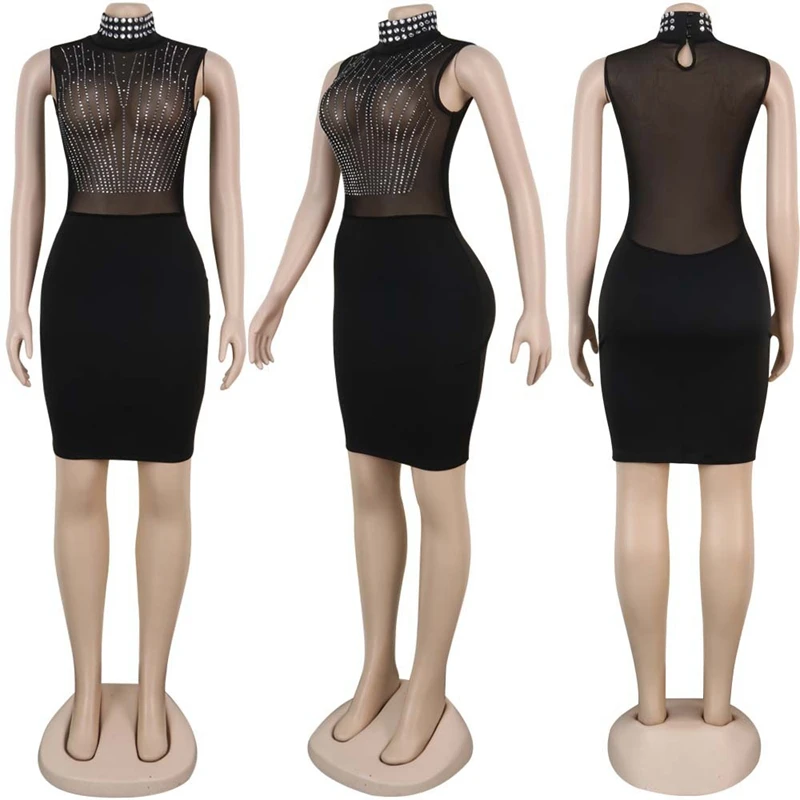 Sheer Mesh Rhinestone Dress Women Elegant Midi Bodycon Party Dress Autumn Summer See Through Glitter Sparkle Sexy Club Dresses