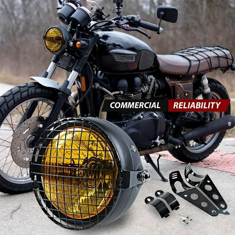 DHBH-Retro Vintage Motorcycle Universal Side Mount 35W 6.5 inch Amber Headlight Café Racer with Grille + Bracket Kit