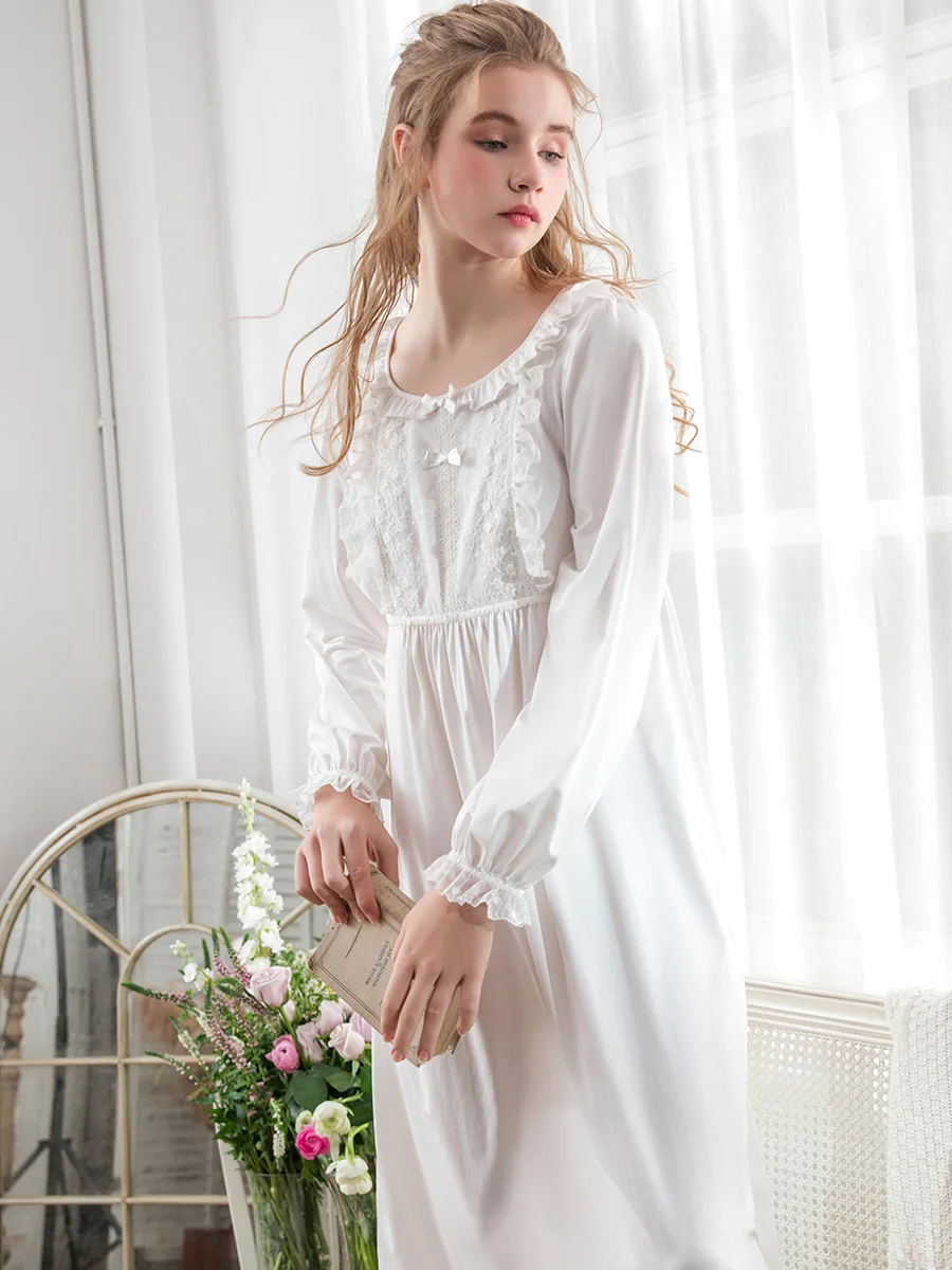 Vintage Delicate Lace Women\'s Nightgowns Royal Spring Autumn Princess Loose Sweet Long Sleepwear Holiday Dress