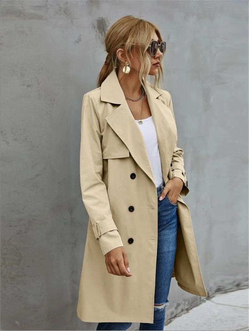 

Women Long Coat Casual Solid Color Jacket Adults Autumn Elagant Fashion Long Sleeve Lapel NeckDouble Breasted Belted Trench Coat