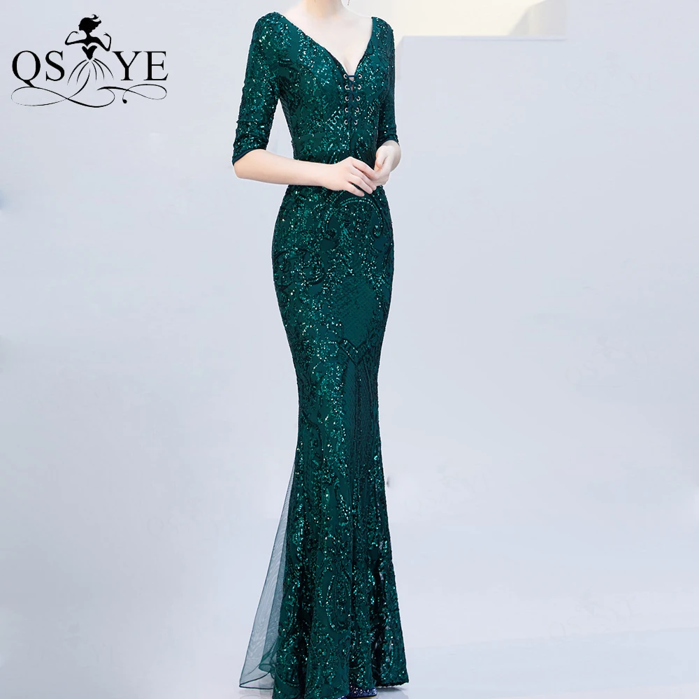 Groene Avondjurk Mermaid Sequin Prom Gown Lange Mouwen Party Dress V-hals Tie Formele Gown Frenum Vetersluiting Habe Vrouwen jurk