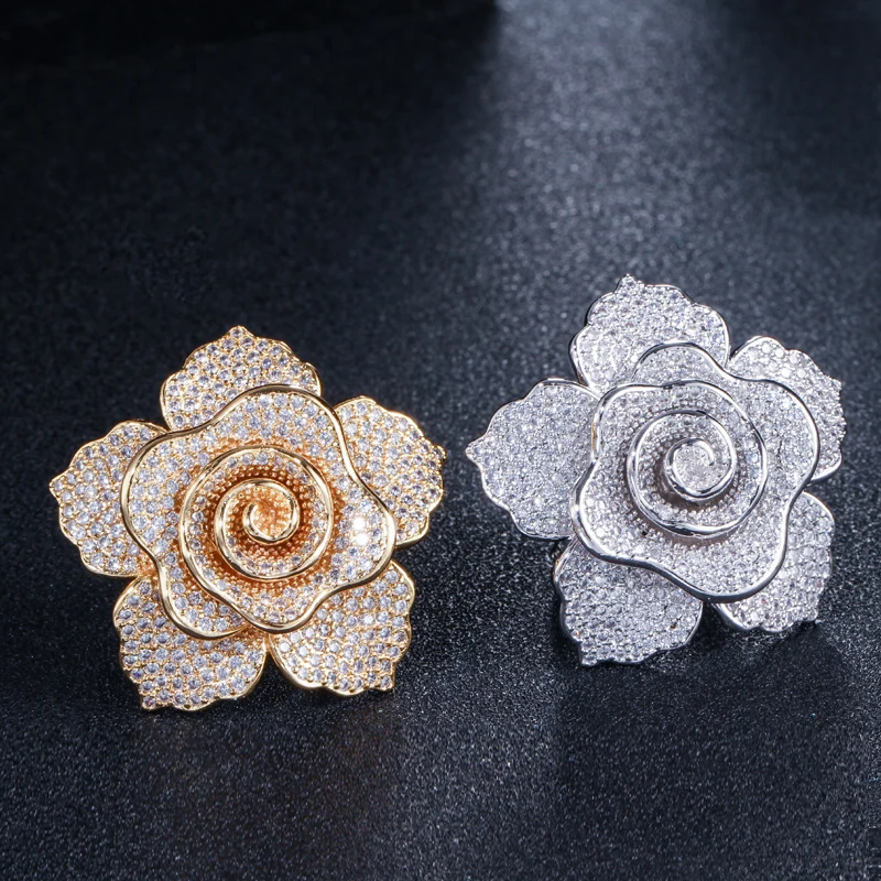 BeaQueen Luxury Dubai Yellow Gold Color Finger Jewelry Cubic Zirconia Pave Setting Big Flower Wedding Rings for Women R056