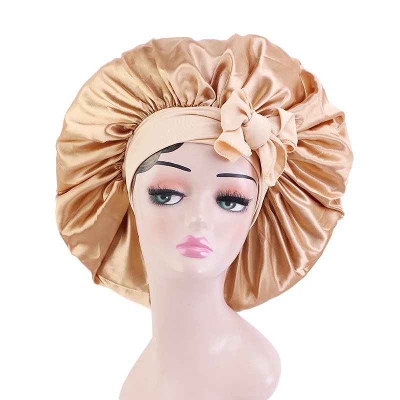 

Satin Silk Hair Bonnet Black Adjustable Jumbo Big Bonet Night Sleep Cap For Women Hair With Stretchy Tie Band Edge Scarf Wrap