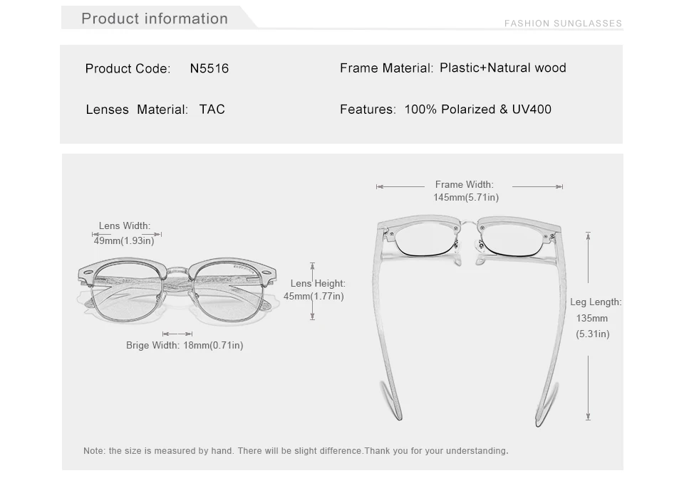 KINGSEVEN Polarisierte Walnuss-Holz-Sonnenbrille für Herren, Antireflexionsbrille, UV400-Augenschutz, Retro-Brille, Damen-Accessoire – Detail 1