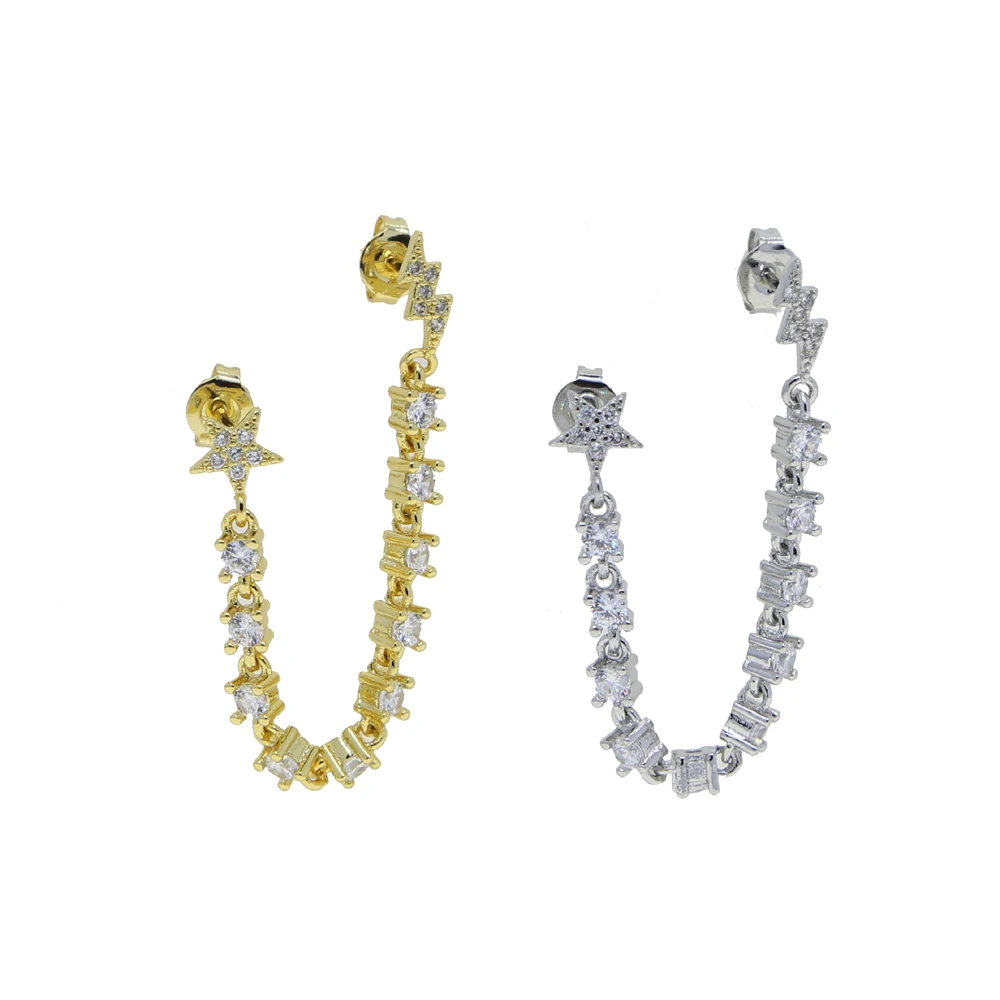 Geometry Double 2 Piercing Stud Earring Micro Pave Bling Cz Tassel Chain Fashion Girl Women Bolt Flash Star Charm Jewelry