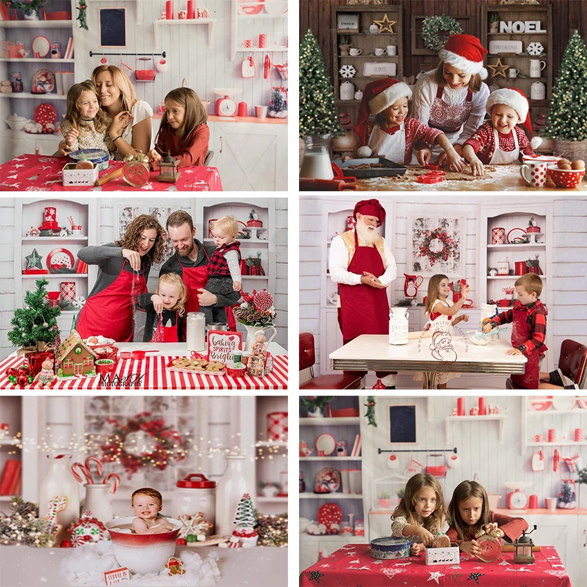 Merry Christmas Photography Backdrops Kitchen Wooden Cupboard White Brick Wall Child Family Cooking Photo Background Decoration