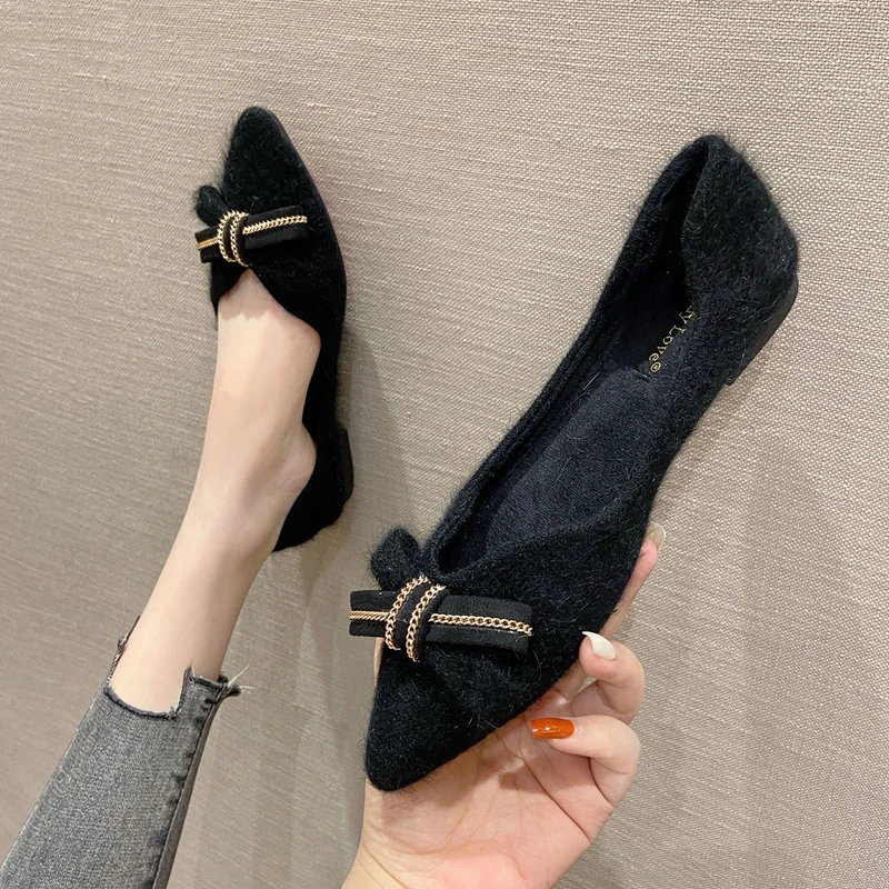 Furry Flats for Women Solid Color Bowknot Black Flat Heel Shoes Soft Sole Pointed Toe Size 32 33 34 44 45 46 Winter Flats Ladies