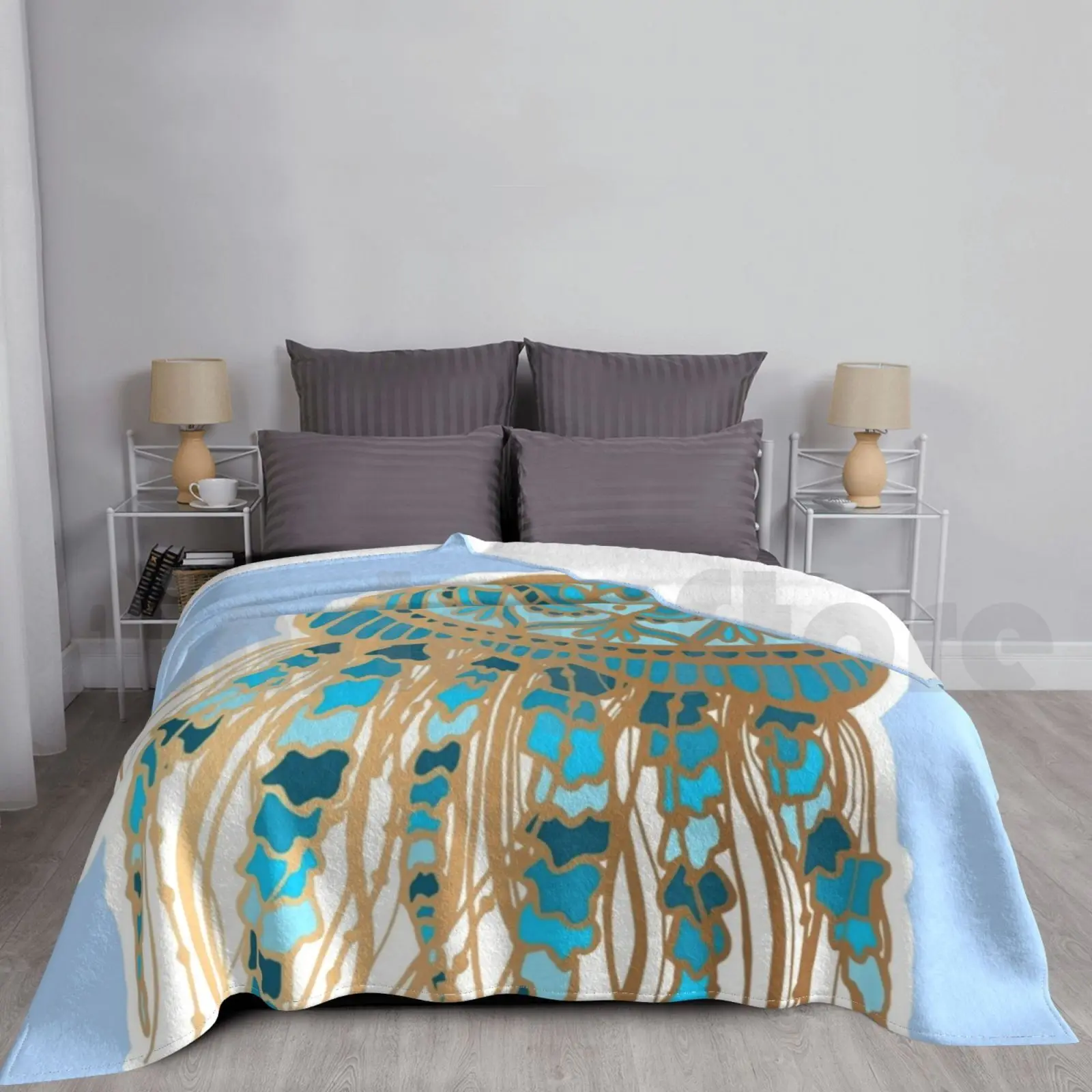 クラゲの柄が付いた青と金のナマダラの毛布,軽い,超柔らかく,暖かい