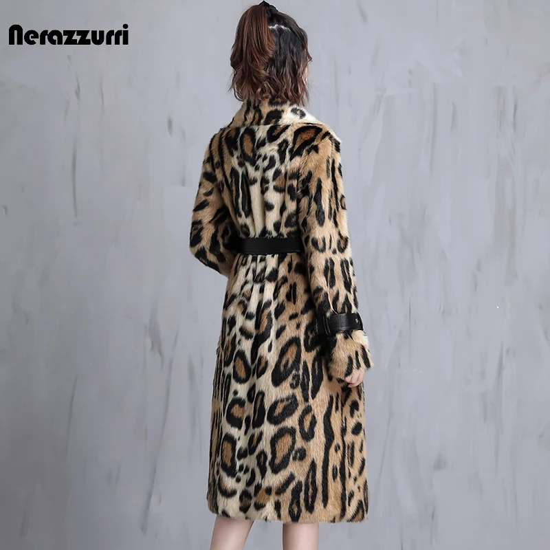 Nerazzurri Winter Long Leopard Print Warm Fluffy Faux Fur Coat Women with Leather Belt Runway Luxury Europen Style Fashion 2021