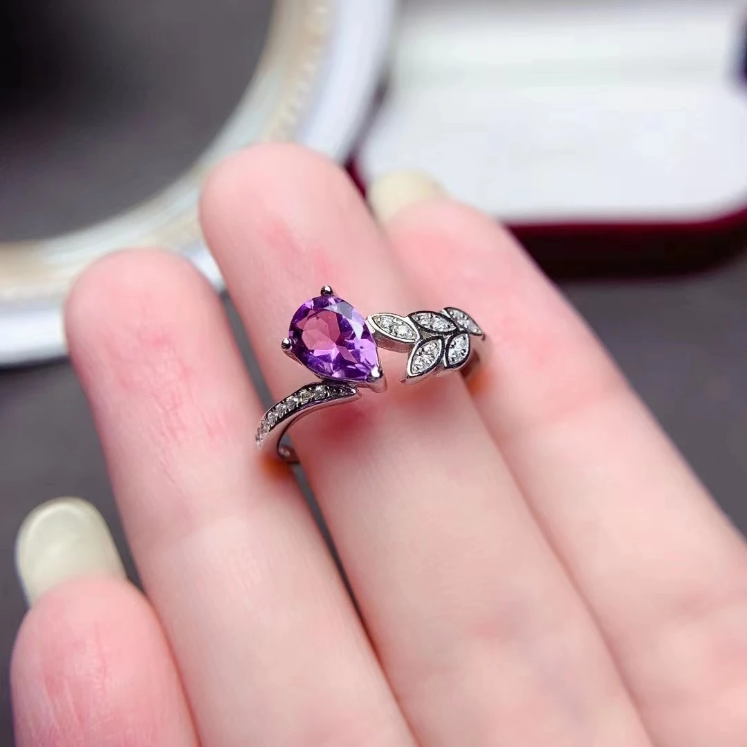 2022  Natural Amethyst Ring Real 925 Silver Women's Ring  Simple Atmosphere Leaf Style Good Gift