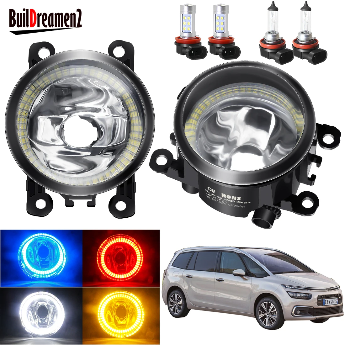 Angel Eye Fog Light Assembly For Citroen C4 Picasso Coupe Hatchback 2004-2013 Car Front Bumper Fog Lamp with Halo Ring DRL 12V