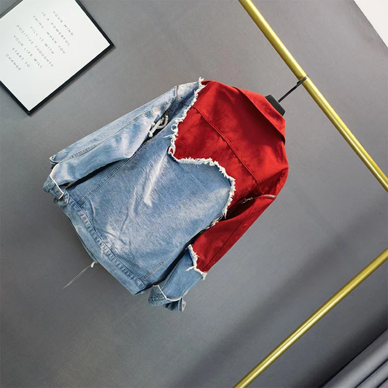 Women Frayed Burrs Patchwork Hit Color Denim Jacket Loose Casual Streetwear Long Sleeve Jean Jacket Casual Spring Autumn 2024