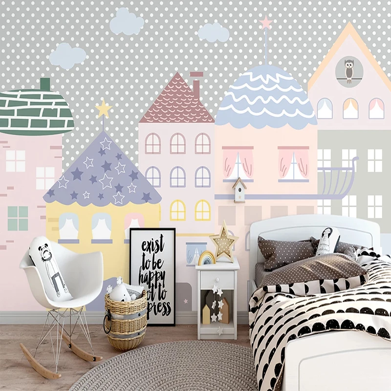 Custom Self-Adhesive Waterproof Wallpaper 3D Hand Painted Colorful Small House Children's Room Murals Cartoon Kids Wall Stickers