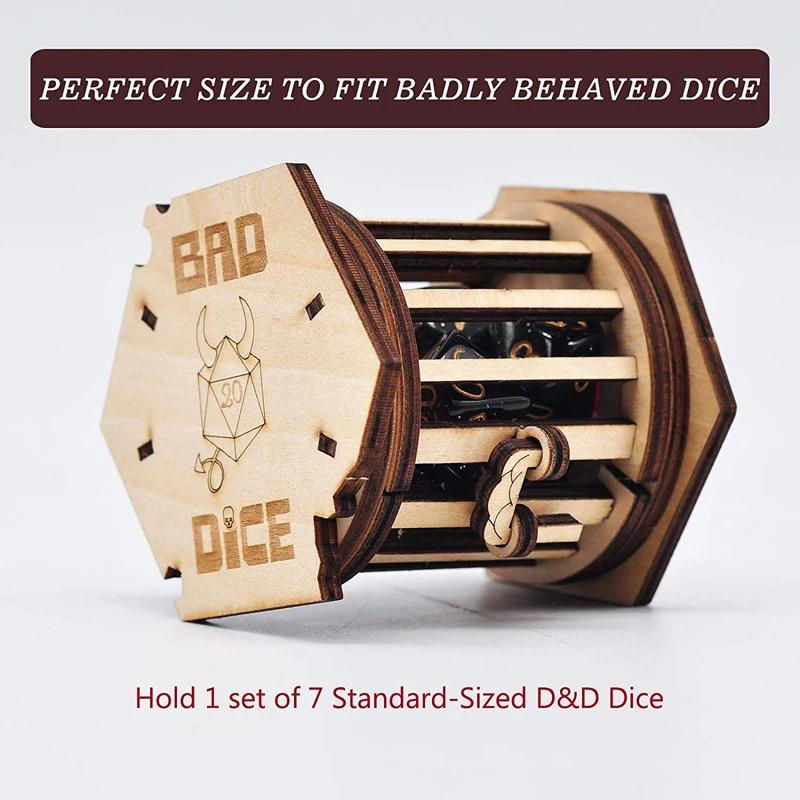 DND Dice Jail Prison with Polyhedral Dice Set Wood Cage for Your Bad Dice