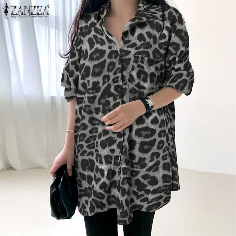 ZANZEA-Blusa informal con estampado de leopardo para mujer, camisa Vintage de manga larga con solapa, Túnica de gran tamaño para fiesta y vacaciones