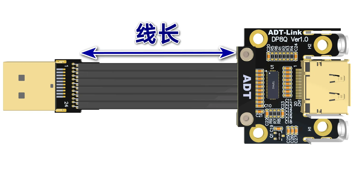 جديد ديسبلايبورت الشريط تمديد كابل ذكر أنثى شقة المعادن محمية FPC DP إلى DP V1.4 محول 90 درجة مع جبل قوس