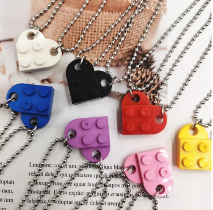 2PCS Beads Necklace Building Brick Heart Necklace for Women Men Lego Elements Valentine's Gifts Punk Girlfriend Necklaces