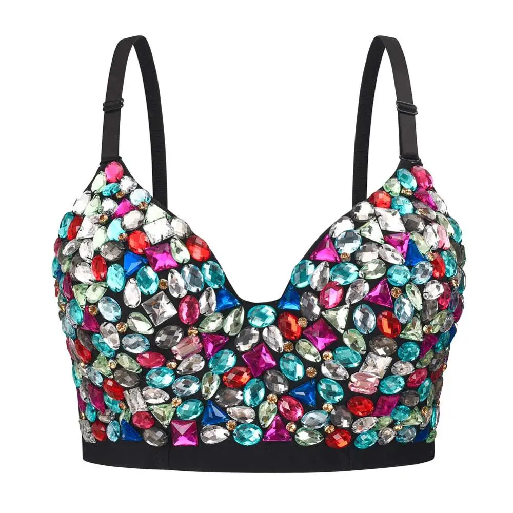 

Colorful Shiny Rhinestone Crop Top Push Up Women's Bustier Bra Sexy Backless Cropped Feminine Party Nightclub Vest Plus Size