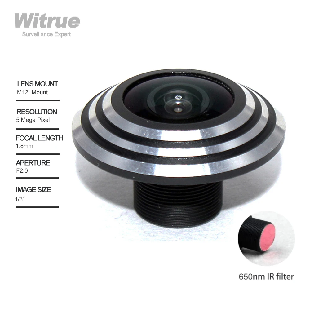 Witrue HD Fisheye Lens 5MP 1.8mm M12 Mount F2.0 with 650nm IR filter for Action Security Cameras