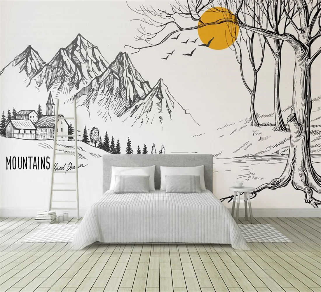 

Custom home background wall decoration 3d wallpaper hand-painted Nordic mountain forest landscape TV mural papel de parede