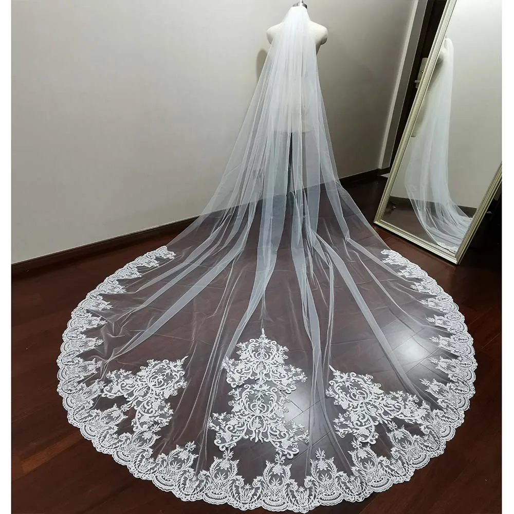 

Long Lace Wedding Veil with Comb 3.5 Meters One Layer Romantic White Ivory Bridal Veil Wedding Accessories velos de novia