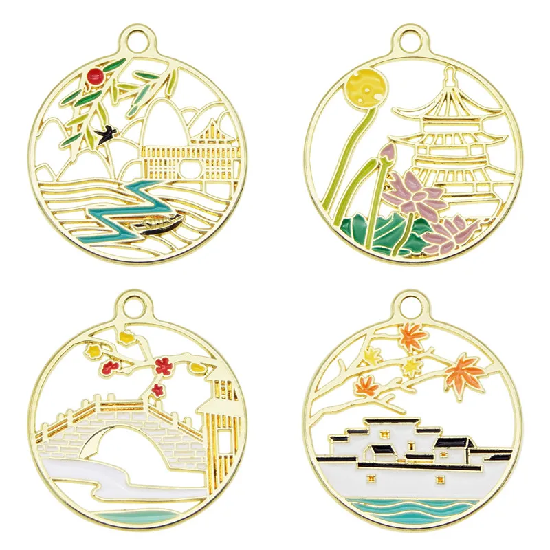 4pcs/pack  Enamel Charms Chinese architecture Scenery Charm Fashion dangle earrings accessories Flower Necklace brooches DIY NEW