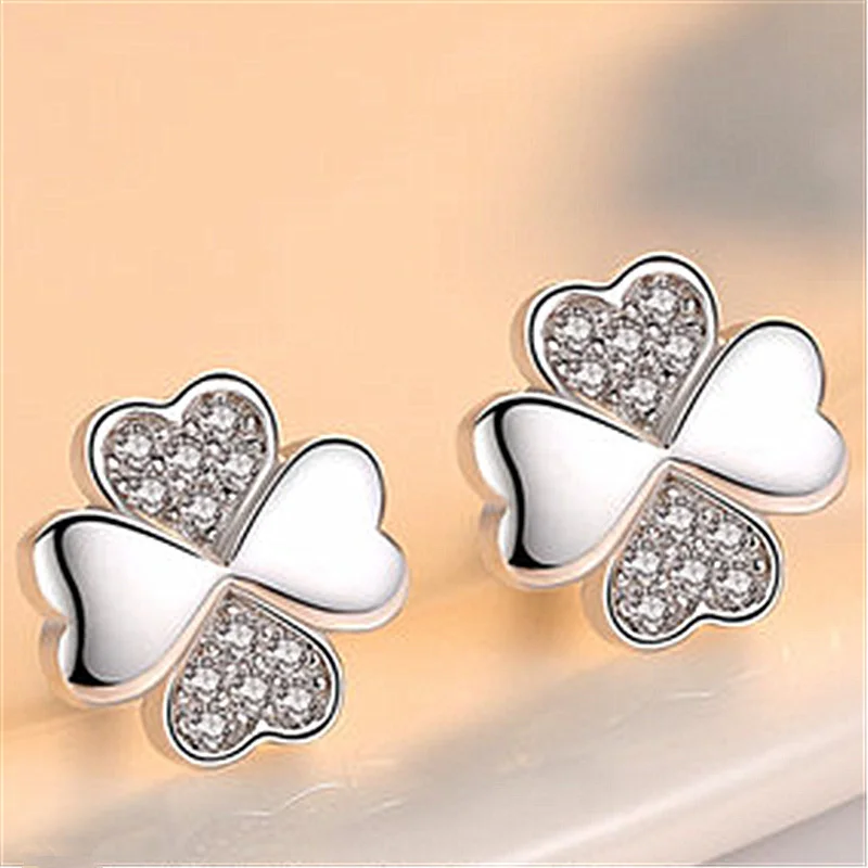 Top Quality 925 Sterling Silver Earrings For Women Jewelry Shiny Zircon Clover Leaf Earrings Lady Stud Accessories Fast Shipping