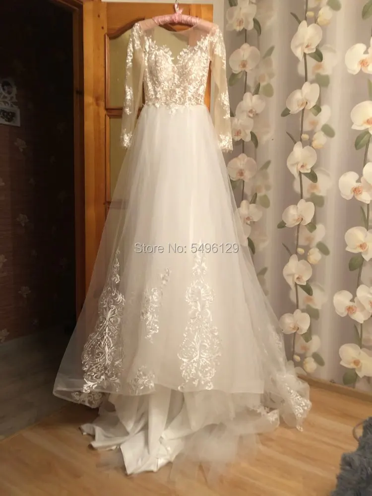 Sexy Sheer Scoop Neck Una Linea di Abiti Da Sposa Romantico Pizzo Appliques Maniche Lunghe Vestido Noiva Tulle Abiti Da Sposa Vestito Da Sposa