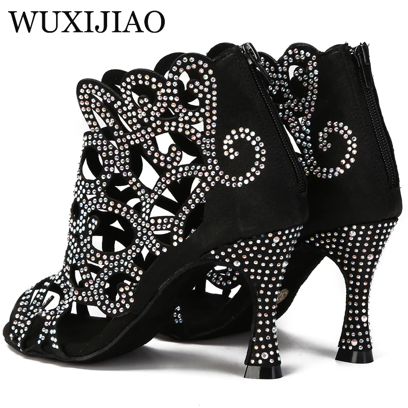 WUXIJIAO Popular hot selling ladies laser hot diamond black Latin salsa boots shoes training stage performance party soft sole