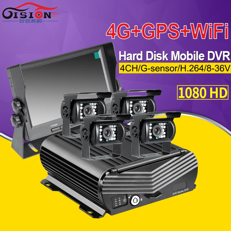 مسجل فيديو 4 قنوات مع WIFI و GPS و 4G و 1080P AHD و 2 تيرا بايت HDD و SD و MDVR ومسجل فيديو مع هاتف وشاشة عرض خلفية LCD مقاس 7 بوصات