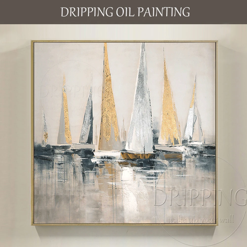 Skilled Artist Hand-painted High Quality Golden Boat Landscape Acrylic Painting on Canvas Gold Foil Boats Painting for Bedroom