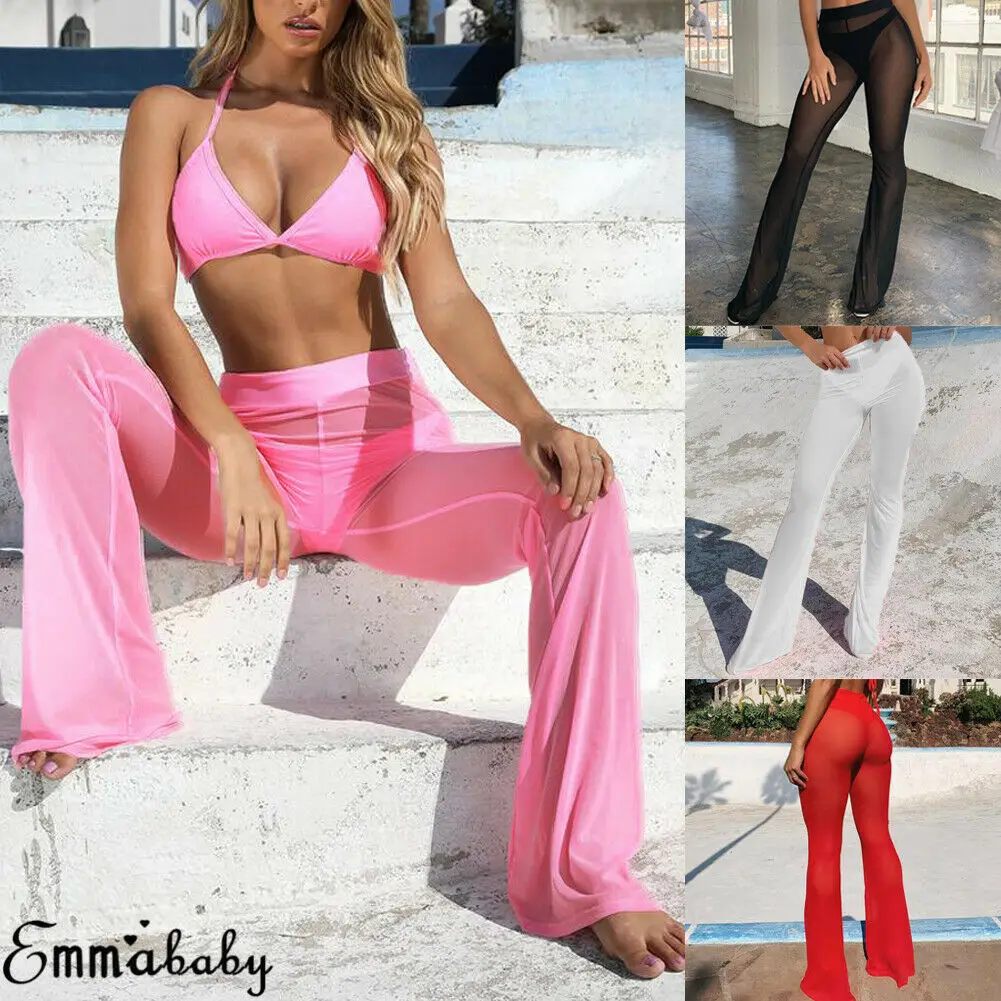 Women Sexy Beach Sheer Mesh See Through Transparent High Elastic Waist Bikini Cover Up Swimwear Bell Bottom Flare Pants Trousers