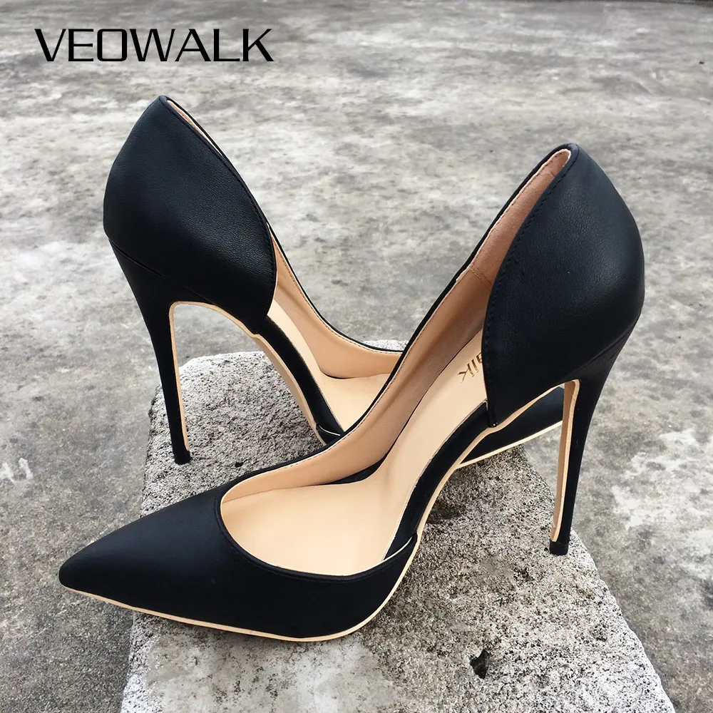 Veowalk Women Sexy D\'Orsay High Heels Pointed Toe Elegant Ladies Party Shoes Thin Stiletto Fashion Pumps Black Customized Accept