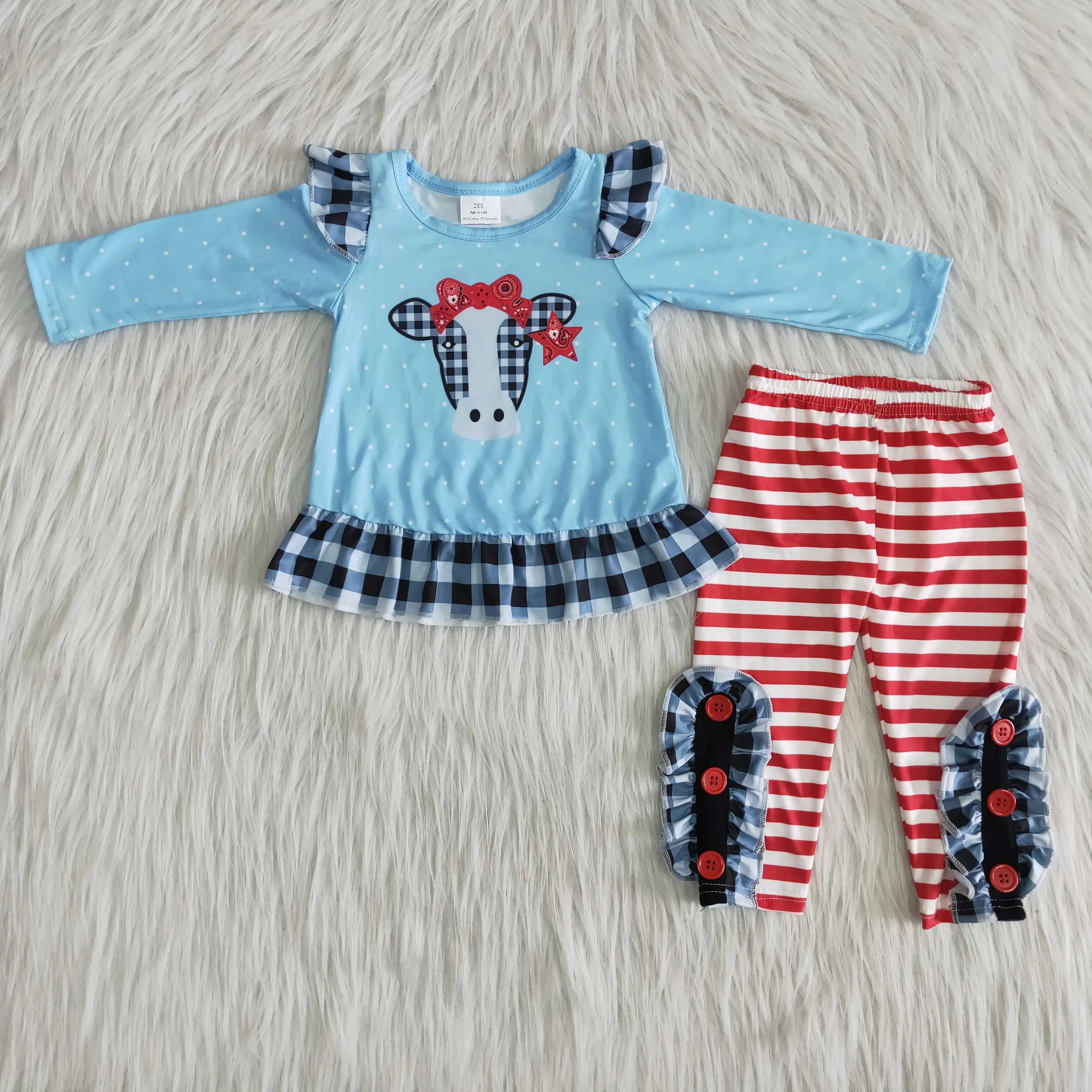 

Lovely RTS baby Toddler Girls Blue Cow printed Shirt and long pants clothing sets boutique outfits