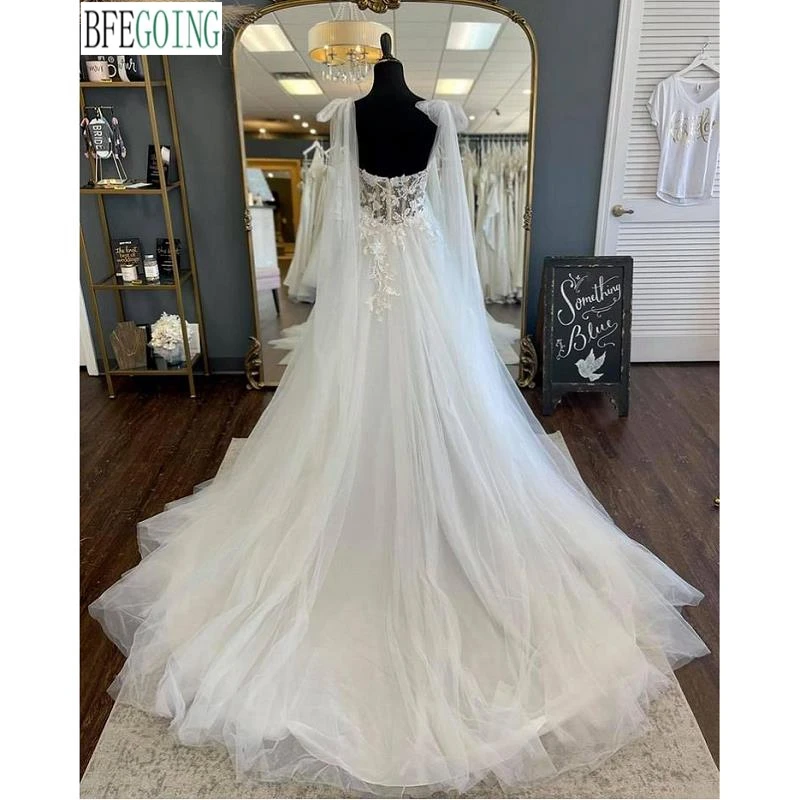 Ivory Lace Tulle Sweetheart Floor-Length A-Line Wedding Gowns Chapel Train Custom Made Bridal Dresses