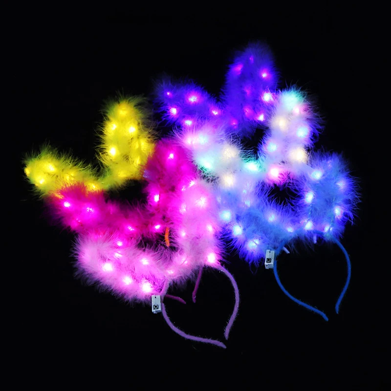 Led Lights Headband Feather Rabbit Ear Headband Glow Neon Led Party Headbands For Women Led Festival Accessories Party Supplies