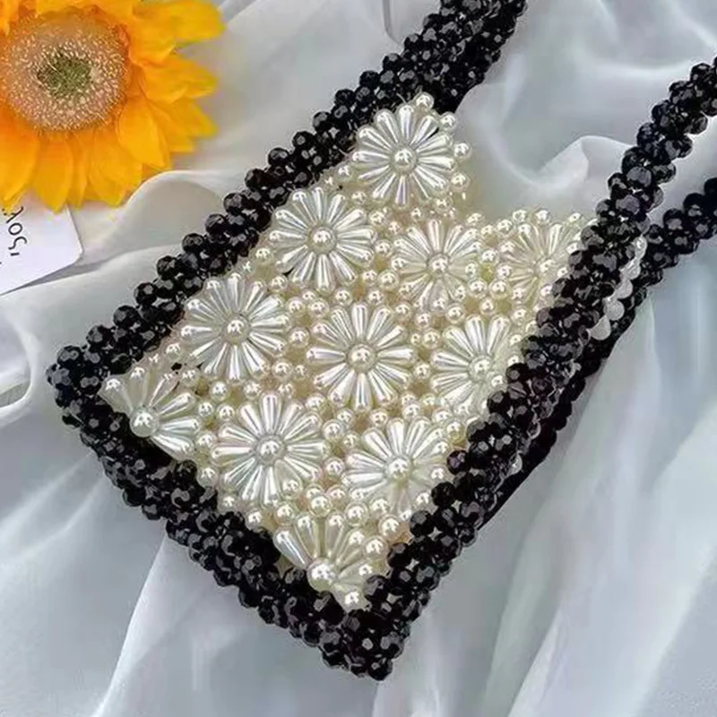 Chrysanthemum Portable Clear Bags for Women Black Border White Pearl Braided Pearl Transparent Bag Summer Flower Acrylic Purse