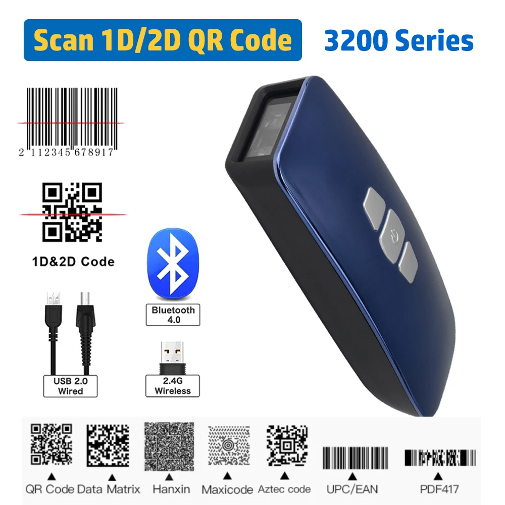 Free Shipping Bluetooth 1D CCD 2D Barcode Scanner Pocket Wireless QR Reader Data Matrix PDF417 IOS Android Windows