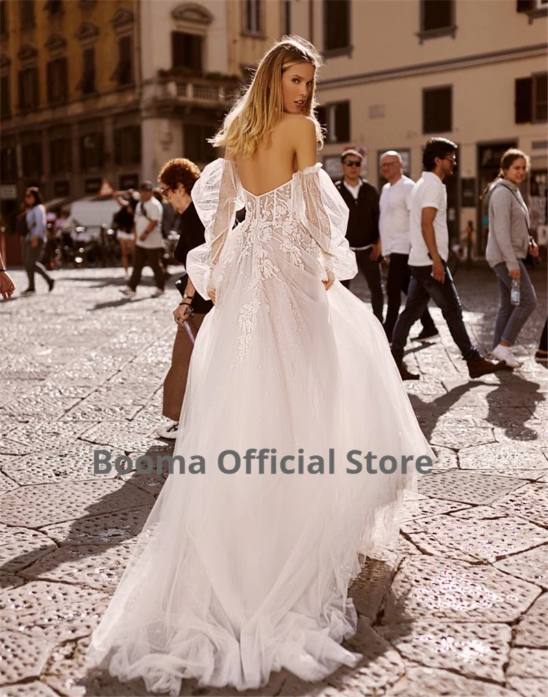 Booma Beach-Robe de mariée à manches longues bouffantes, dentelle avec appliques, points doux, robe de soirée en tulle, patients Boho, quelle que soit la sortie initiée, 2020