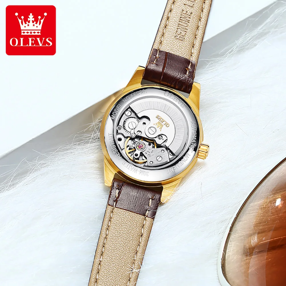 OLEVS Top Brand Luxury Women\'s Dress Watches Automatic Mechanical Leather Wrist Watch Ladies Fashion  Waterproof Classic Watch