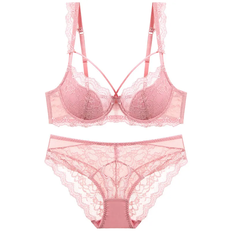 TERMEZY Ultra-thin Cup Sexy Lace Underwear Pink Push Up Bra Set Bow Lingerie Comfortable Brassiere Panties Set Big Size 95E 90E