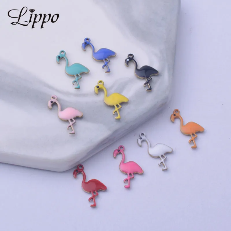 

30pcs 8*14mm Both Side Enamelled Flamingo Charms Small Bird Animal Pendants Copper Jewelry