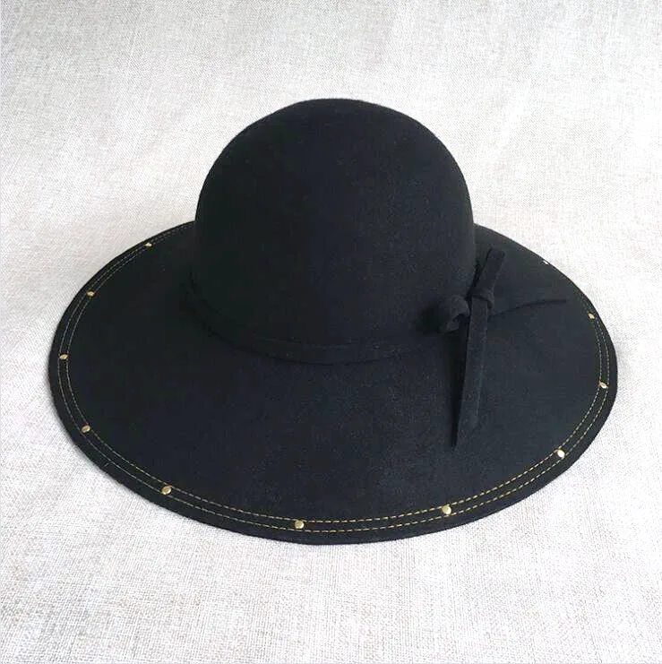 100% Wool High Quality Rivet Hat Big Brim Warm Comfortable Cool Beautiful Popular New Various colors Bowtie Hats For Women 2020