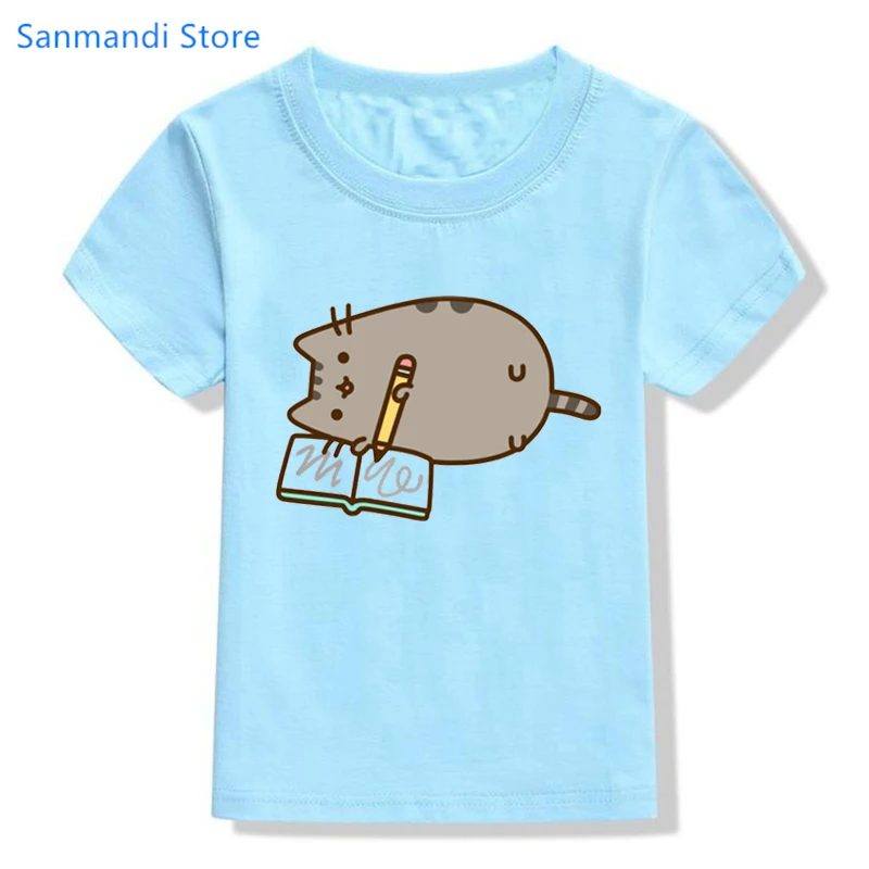 Harajuku Kawaii Kids Clothe Funny Coffee Cat Reading Cartoon Print Tshirt Girls/Boys Harajuku Shirt Kawaii Children Clothing